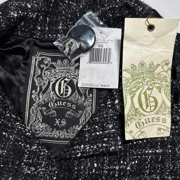 Guess Tweed Cropped Blazer Snap Pockets Black and White Women XS NWT - Picture 2 of 11